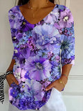 Women Casual Floral V neck Printing Daily Loose T-shirt