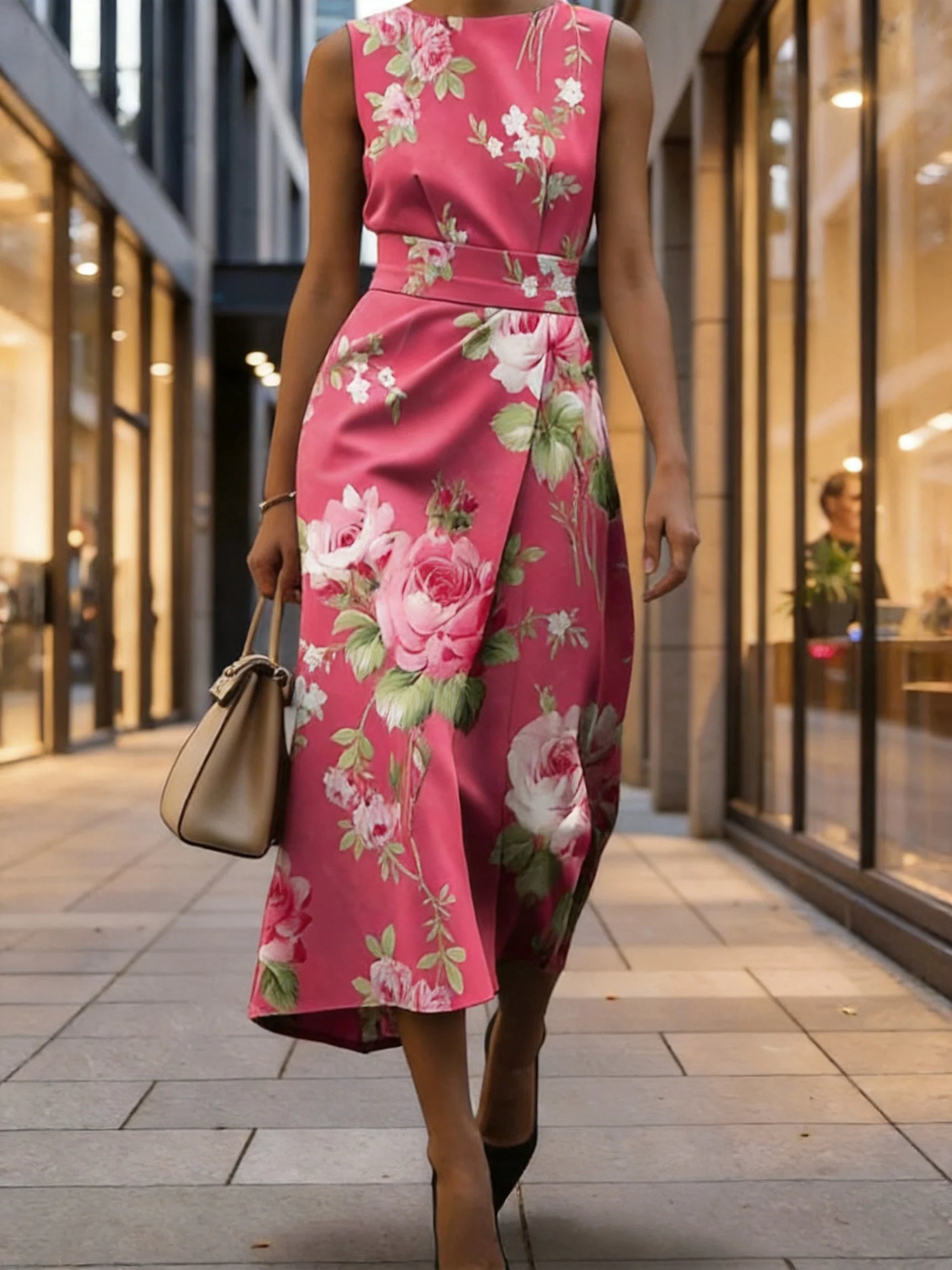 Women’s Elegant Pink Floral Print Sleeveless Midi Dress
