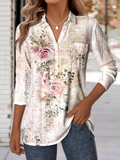 Women's Vintage Floral Pattern Patch Pocket Long Sleeve Shirt Regular Top
