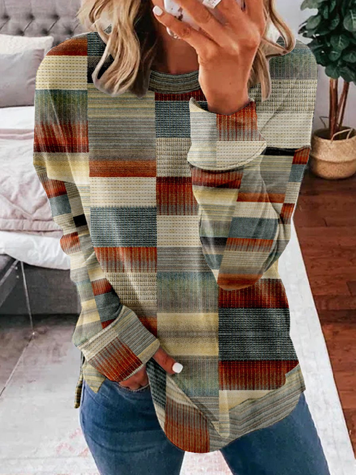 Abstract Plaid Casual Sweatshirt