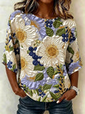 Vintage Crew Neck Cotton And Linen Floral Blouse