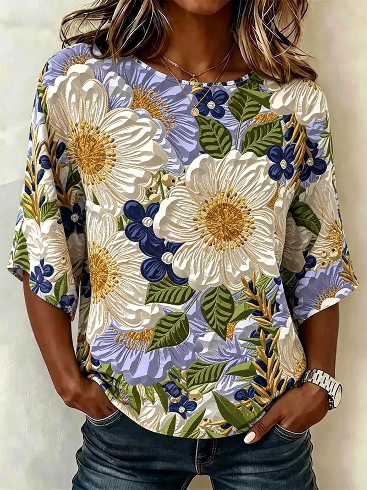 Vintage Crew Neck Cotton And Linen Floral Blouse
