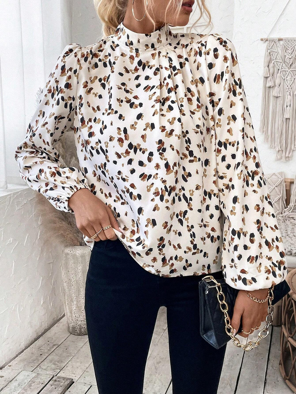 Women's Long Sleeve Shirt Spring/Fall Off White Leopard Split Joint Mock Neck Daily Going Out Casual Top