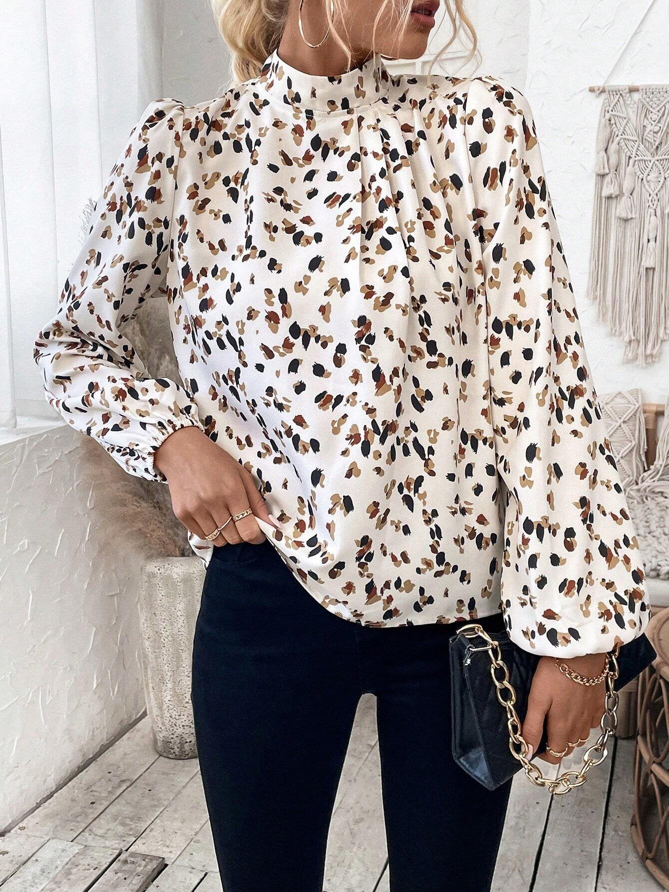 Women's Long Sleeve Shirt Spring/Fall Off White Leopard Split Joint Mock Neck Daily Going Out Casual Top