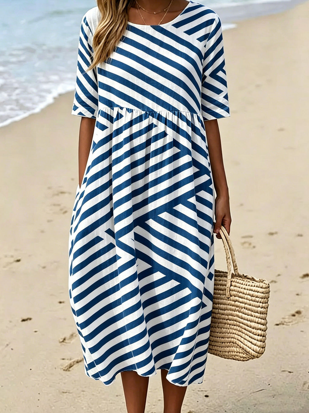 Abstract Striped Crew Neck Short Sleeve Summer Daily Going Out Casual Maxi Dress