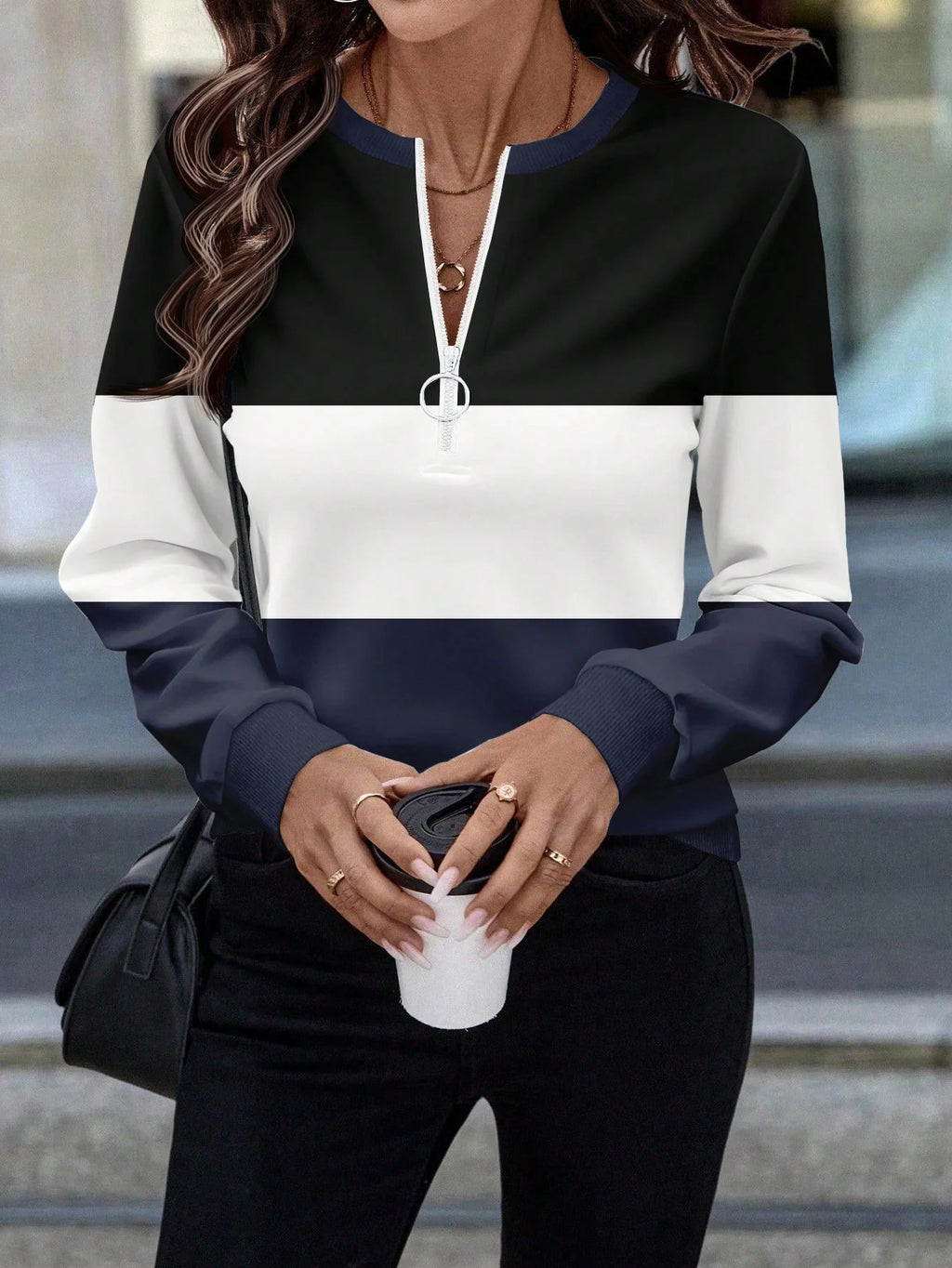 Women's Colorblock Printed Casual Zipper Long Sleeve Sweatshirt