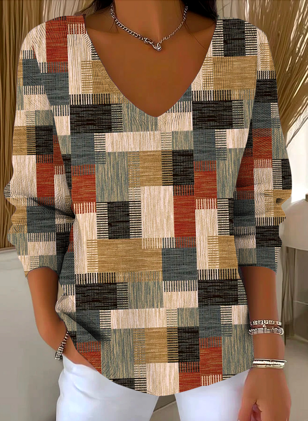 V Neck Cotton Casual Color Block Sweater