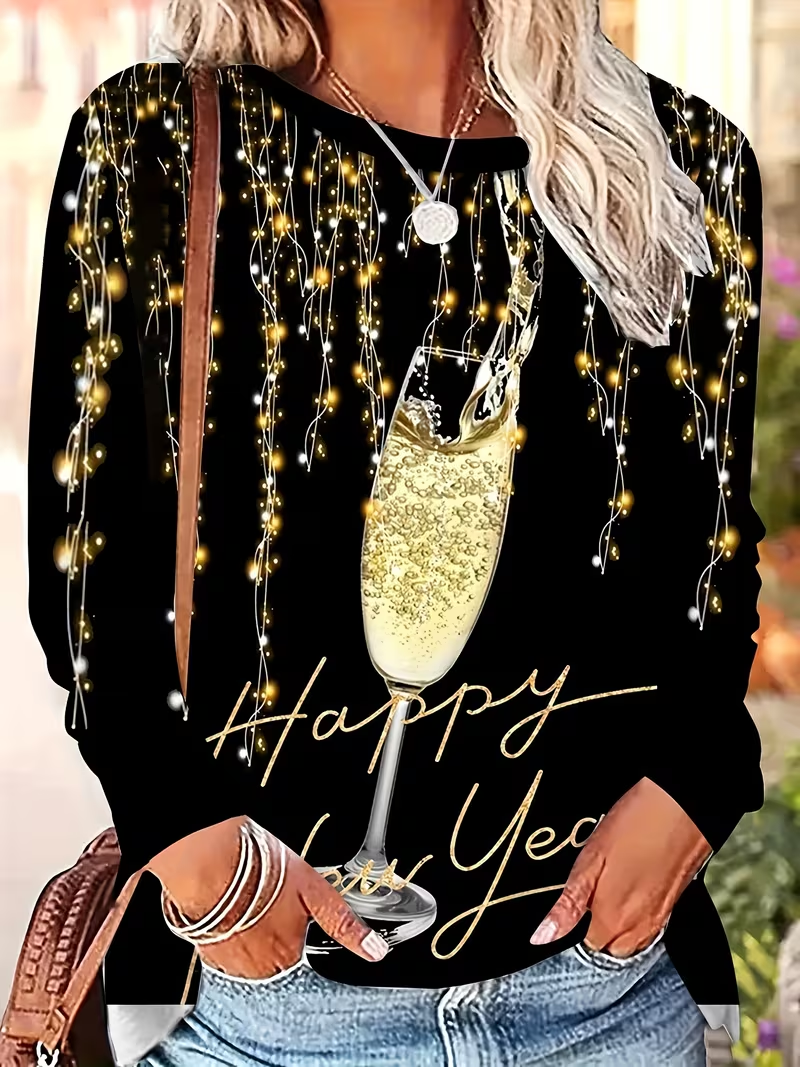 Women's Happy New Year Print Crew Neck Long Sleeve T-Shirt