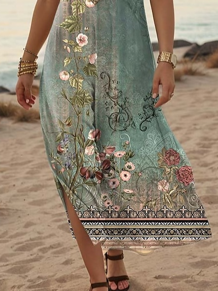 Women's Retro Art Print Hem Side Slit V-Neck Long Dress