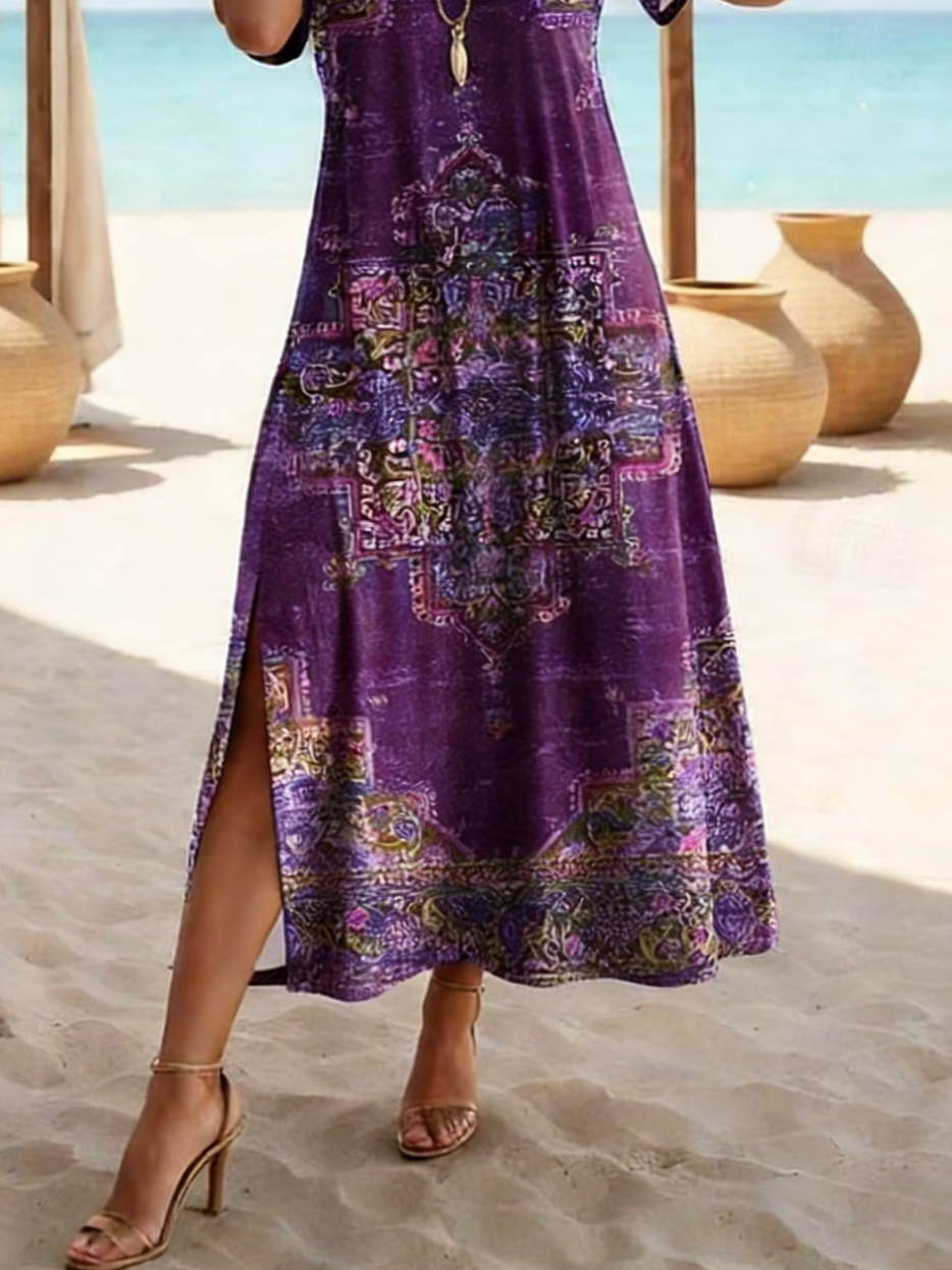 Women's Short Sleeve Summer Purple Abstract Printing Crew Neck Daily Going Out Casual Maxi H-Line T-Shirt Dress Dress