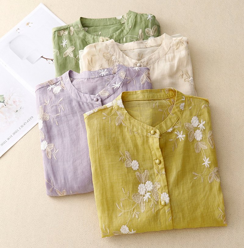 Embroidery Patterns Linen Blend Vintage Loose Shirt