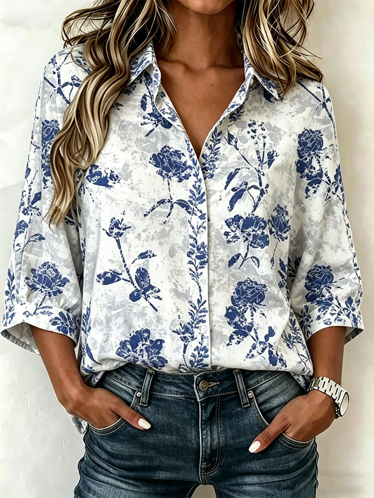Loose Botanical Pattern Elegant Blouse