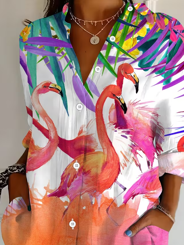Women's Long Sleeve Shirt Spring/Fall As Picture Flamingo Buckle Shirt Collar Regular Sleeve Daily Going Out Casual Top