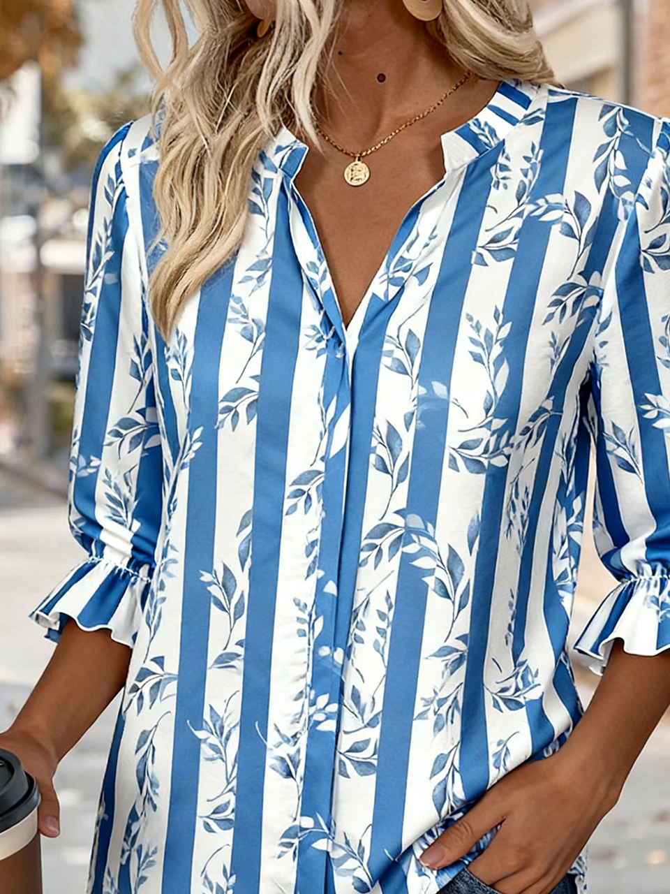 Elegant Botanical Pattern Linen Blend V Neck Shirt