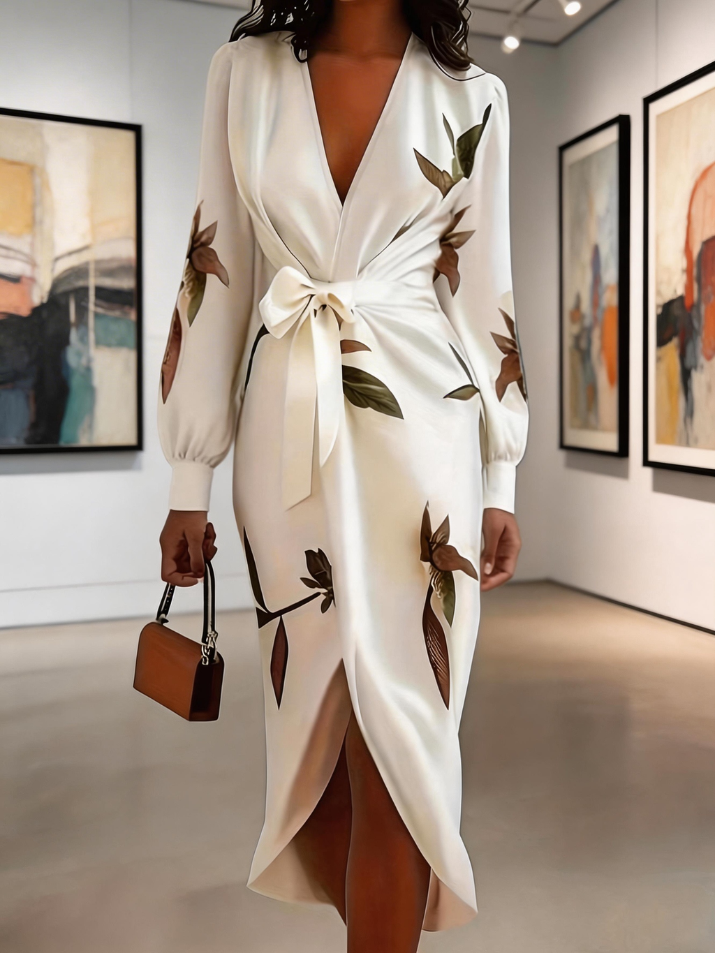 Elegant Botanical Print V-Neck Satin Wrap Midi Dress
