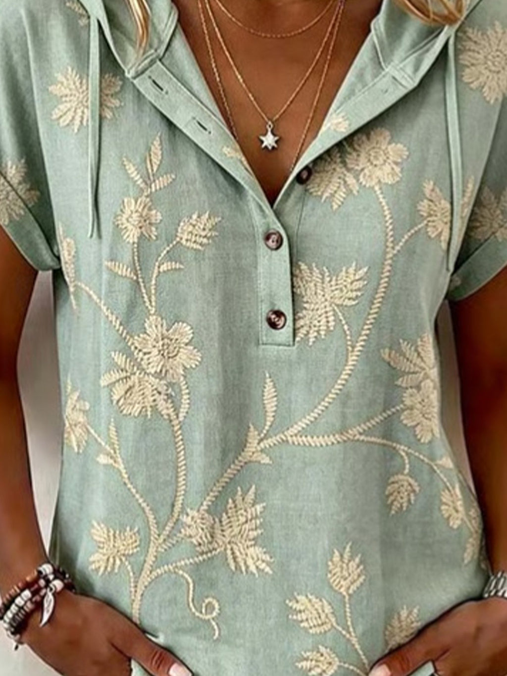 3D Printing Cotton And Linen V Neck Short Sleeve Button Summer Going Out Hoodie Casual Blouse