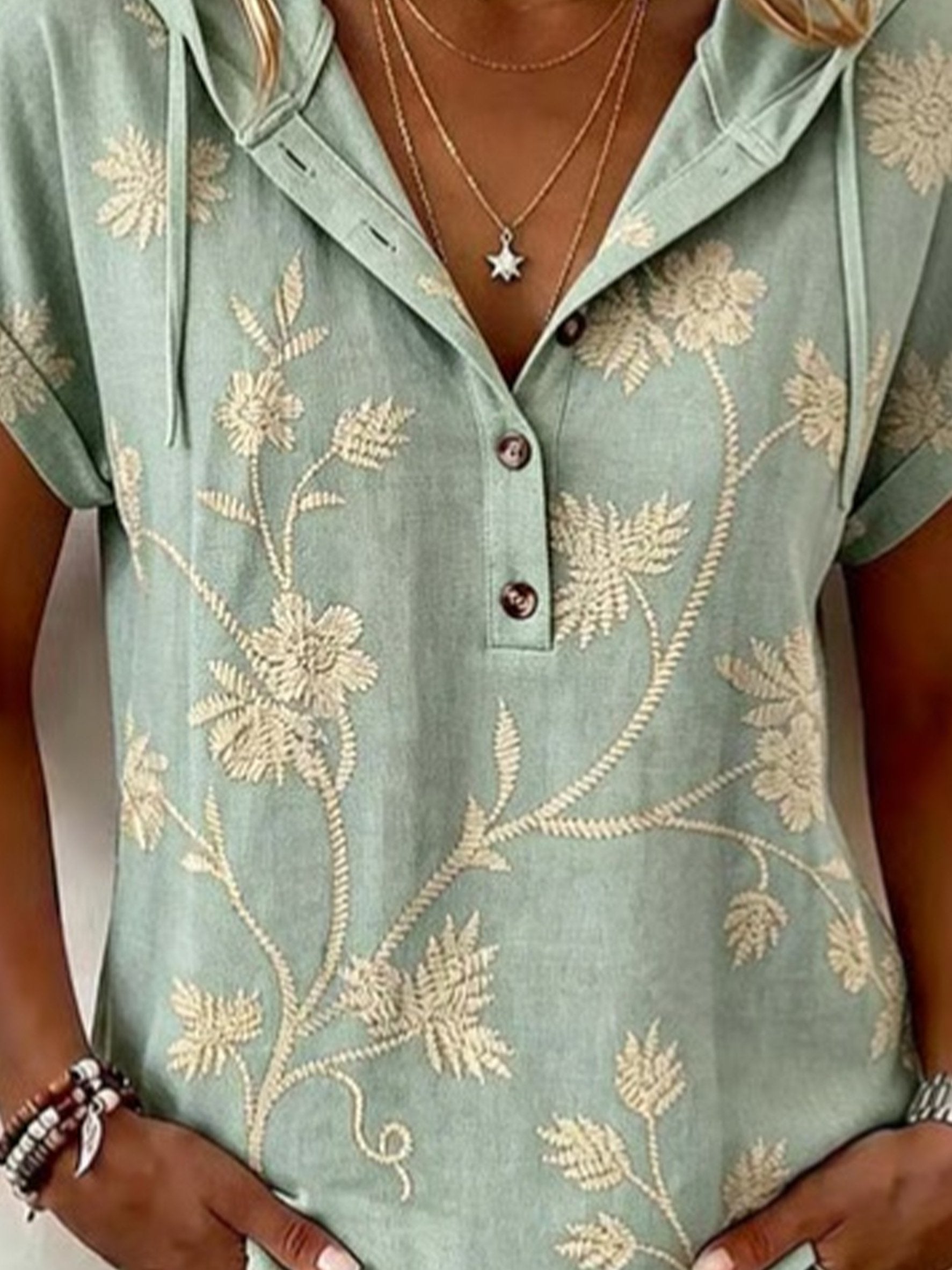3D Printing Cotton And Linen V Neck Short Sleeve Button Summer Going Out Hoodie Casual Blouse