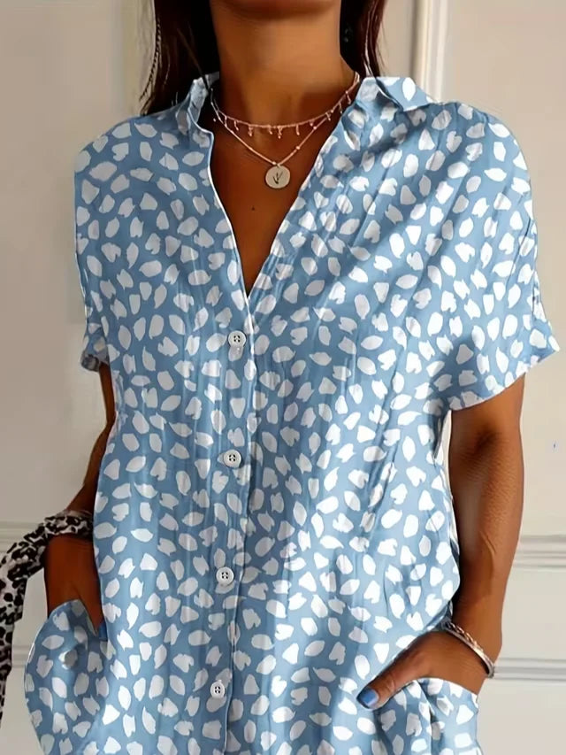 Women's Short Sleeve Shirt Summer Blue Abstract Printing Shirt Collar Daily Going Out Casual Top