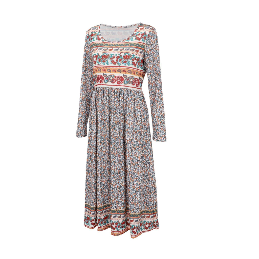Floral Vintage Loose Crew Neck Dress With No