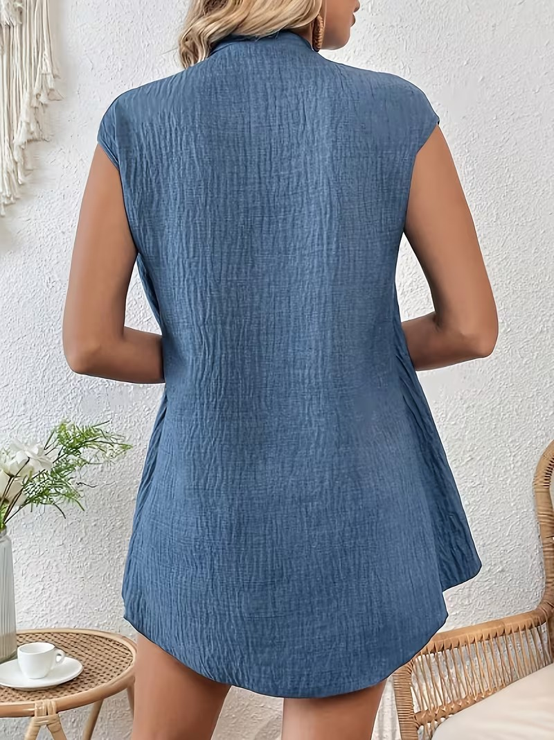 Plain Elegant Fake 2in 1 Stand Collar Short Sleeve Button Casual Shirt