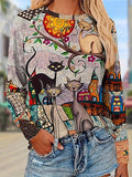 Cute Cat Design Round Neck Casual T-Shirt