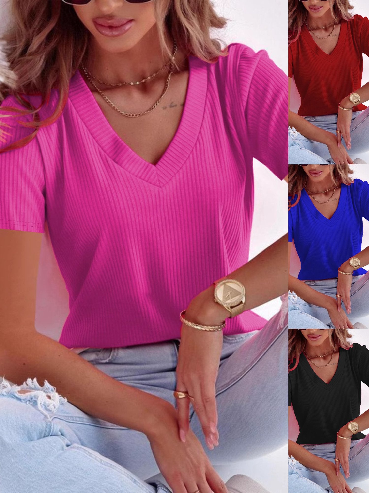 Women's Short Sleeve T-shirt Summer Black Plain V Neck Daily Going Out Casual Top
