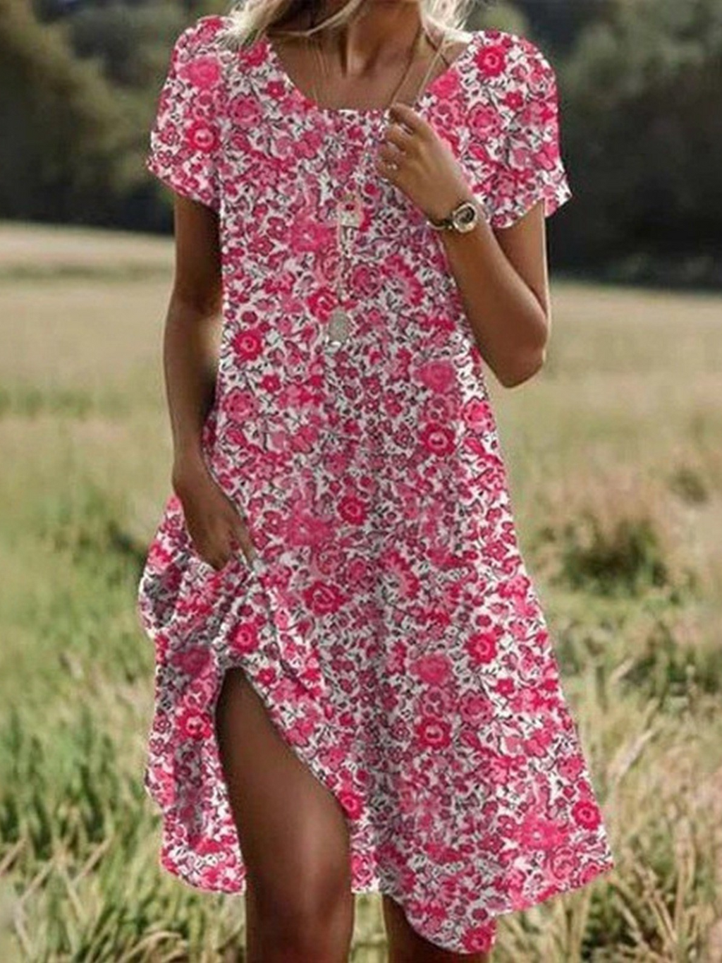 Short-Sleeve Crew-Neck Printed Dress