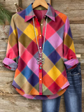 Women's Long Sleeve Shirt Spring/Fall As Picture Multicolor Block Buckle Shirt Collar Regular Sleeve Daily Going Out Casual Top