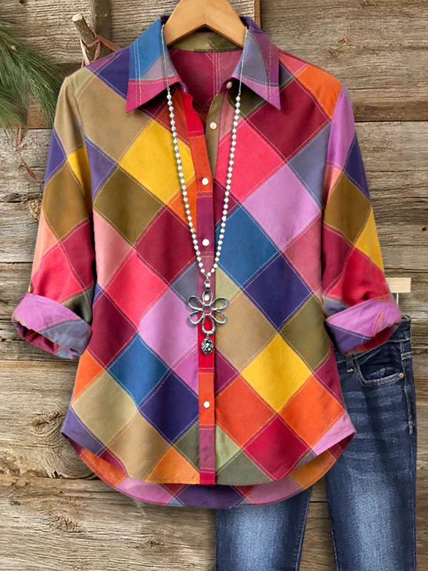 Women's Long Sleeve Shirt Spring/Fall As Picture Multicolor Block Buckle Shirt Collar Regular Sleeve Daily Going Out Casual Top
