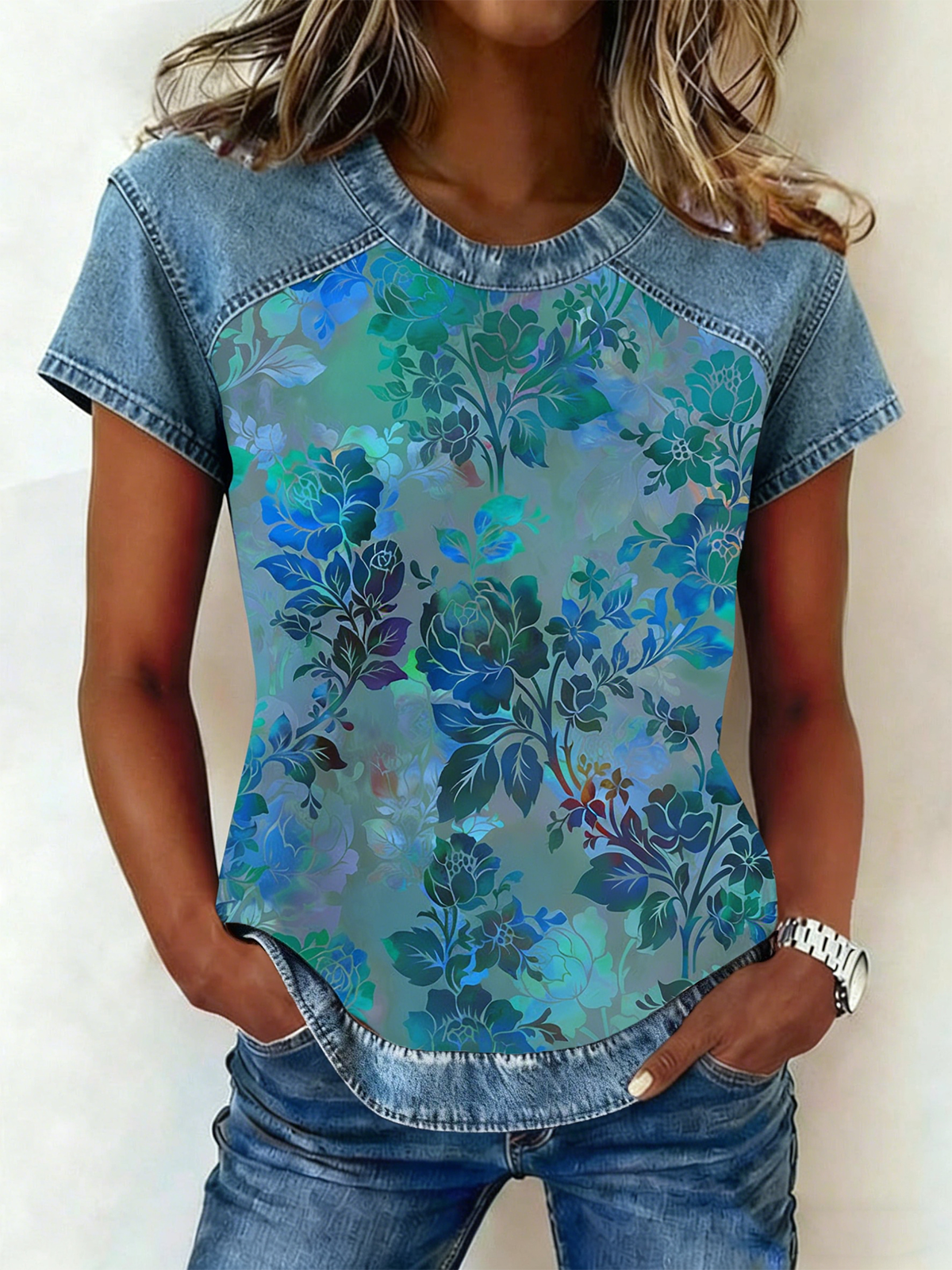 Denim Vintage Crew Neck Floral T-Shirt