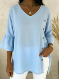 V Neck Button Design The Quarter Sleeve Elegant Blouse