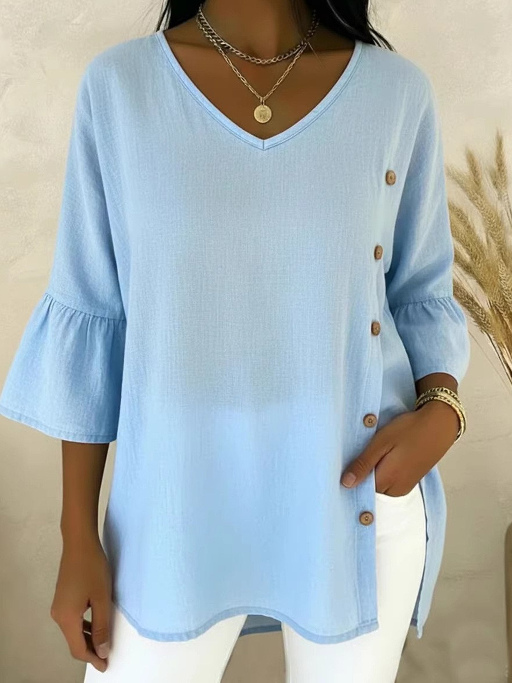 V Neck Button Design The Quarter Sleeve Elegant Blouse