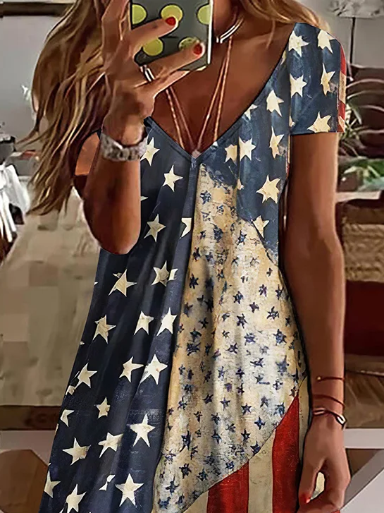 Women's Short Sleeve Summer As Picture Independence Day (Flag) Printing V Neck Daily Going Out Casual Midi A-Line Classic Dress