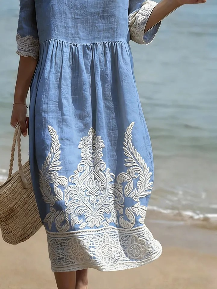 Loose Others Vintage Linen Blend Dress With No