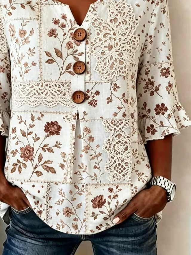 Women's Half Sleeve Blouse Summer Apricot Floral Printing V Neck Daily Going Out Vintage Top