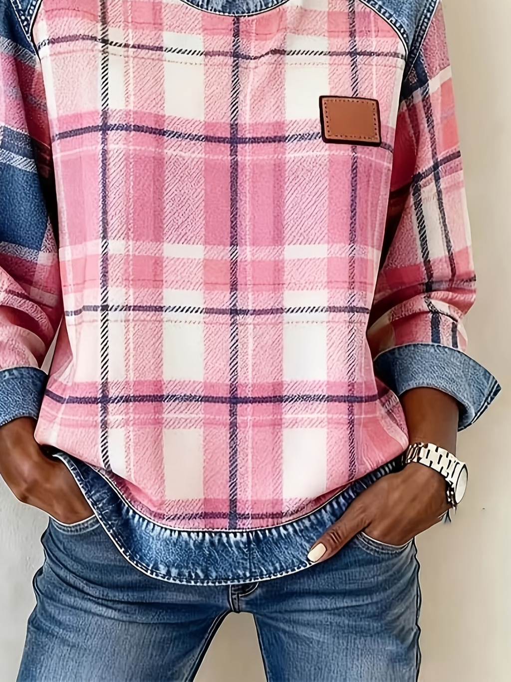 Women's Plaid Print Patchwork Denim Crewneck Long-Sleeved Sweatshirt