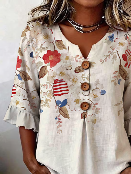 Women's Half Sleeve Blouse Summer Apricot Floral Printing V Neck Daily Going Out Vintage Top