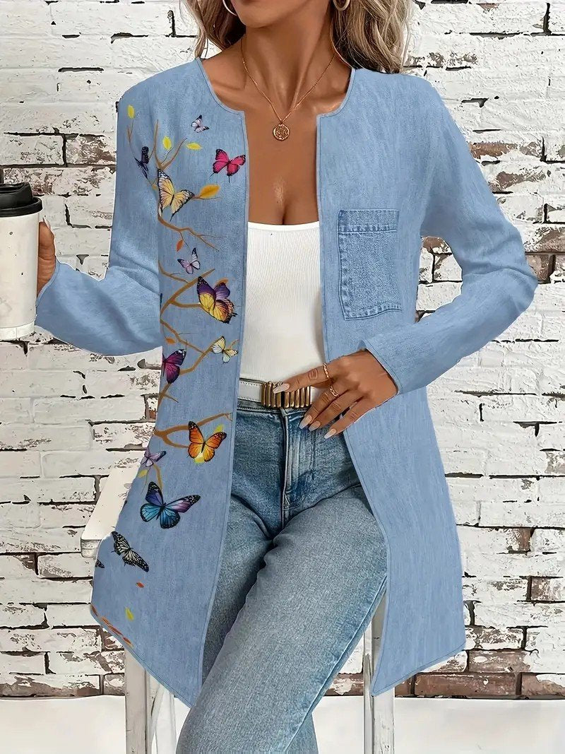 Faux Denim Print Graphic Vintage Jacket