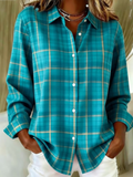 Women's Long Sleeve Shirt Spring/Fall Cyan Plaid Buckle Shirt Collar Regular Sleeve Daily Going Out Casual Top