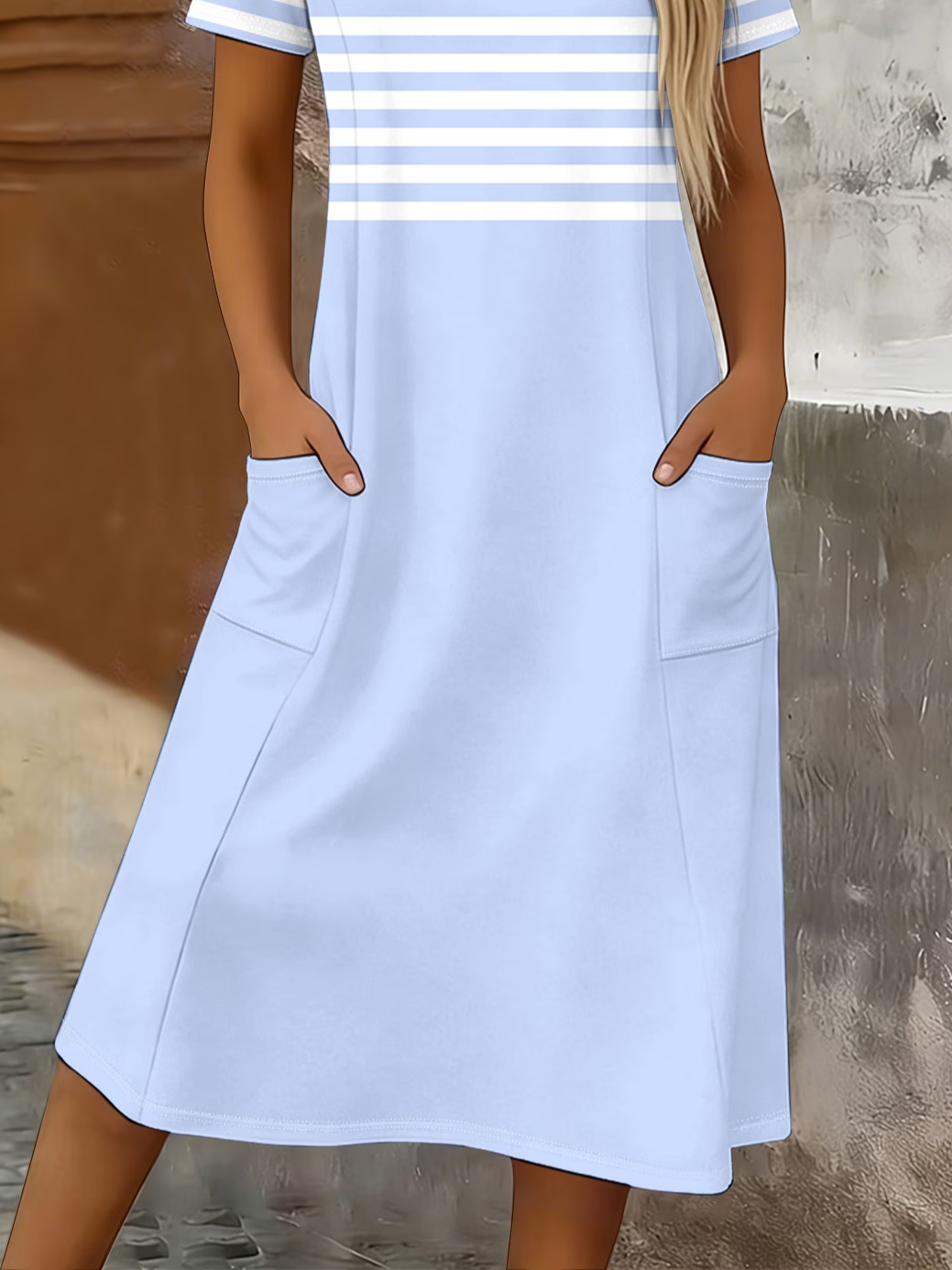 Women's Short Sleeve Summer Blue Striped Printing Crew Neck Daily Going Out Casual Maxi H-Line T-Shirt Dress Dress