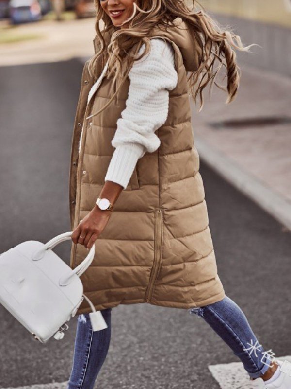 Zipper Plain Elegant Cotton Coat Solid Color Hooded Single-breasted Mid-length Cotton Vest Slim Fit Temperament Cardigan Jacket Top