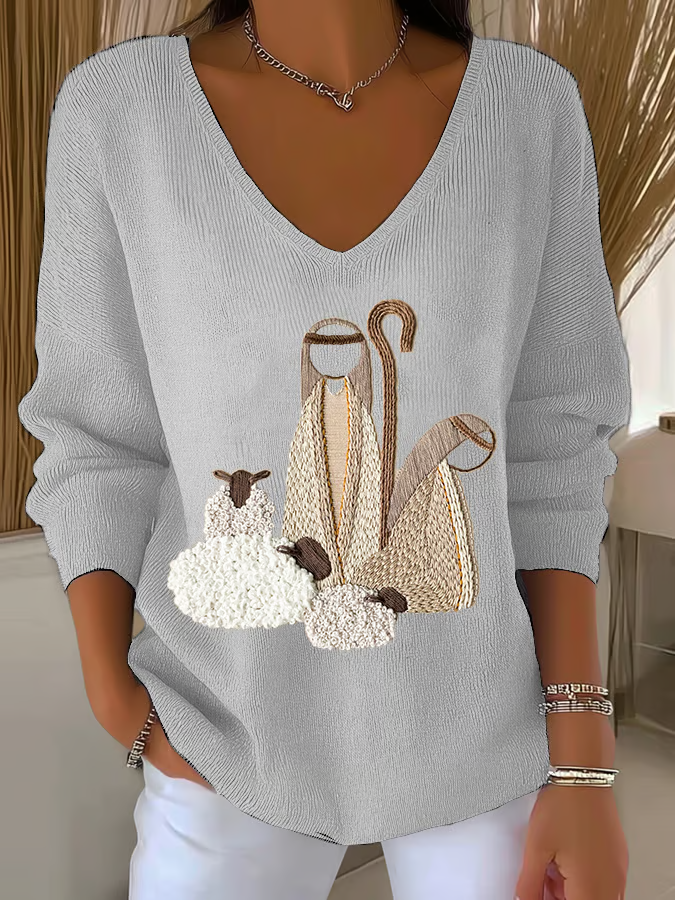 Women's Nativity Print V Neck Sweater