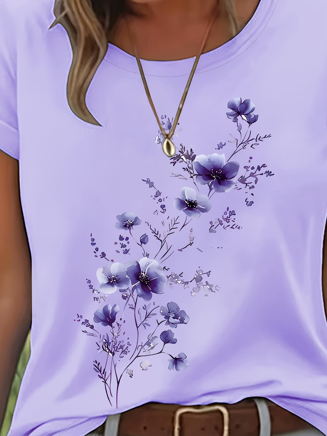 Women's Short Sleeve T-shirt Summer Purple Floral Printing Jersey Crew Neck Daily Going Out Casual Top