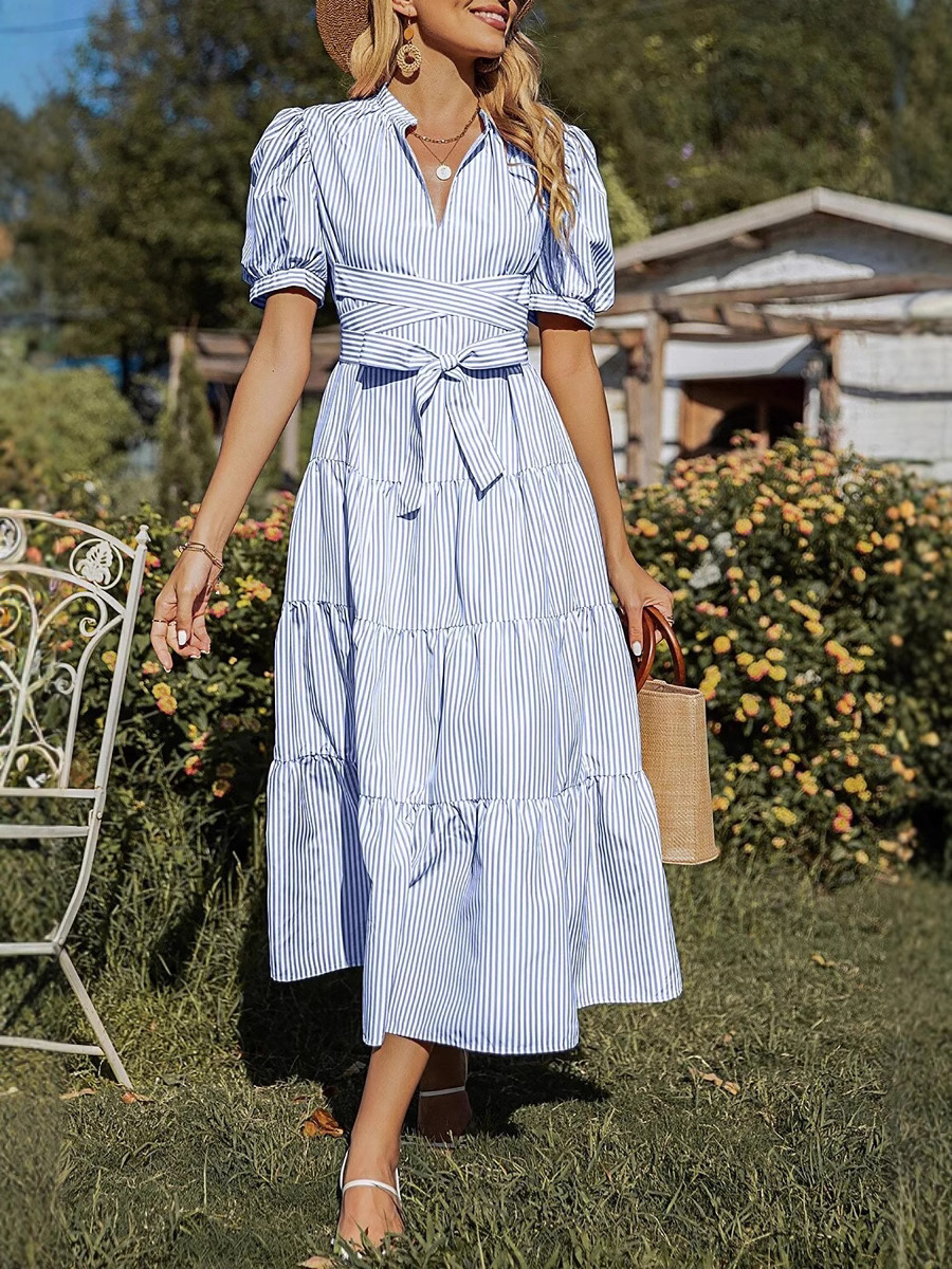 Blue Sttipe Belt Puff Short Sleeve V Neck Ruffle A-line Summer Eatsre Casual Dress