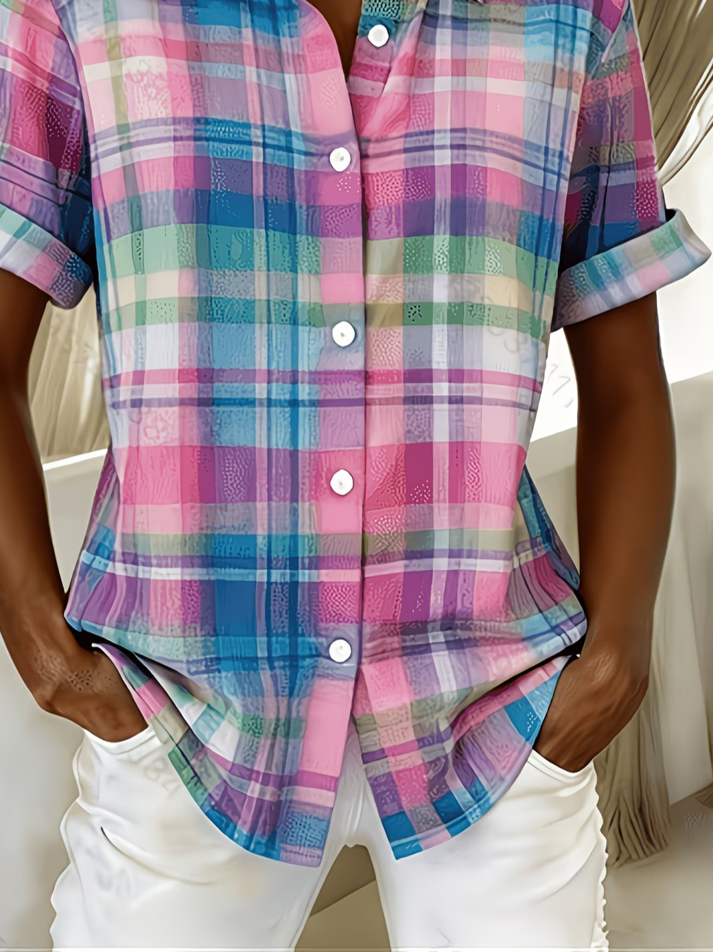 Women's Short Sleeve Shirt Summer As Picture Plaid Printing Shirt Collar Daily Going Out Casual Top