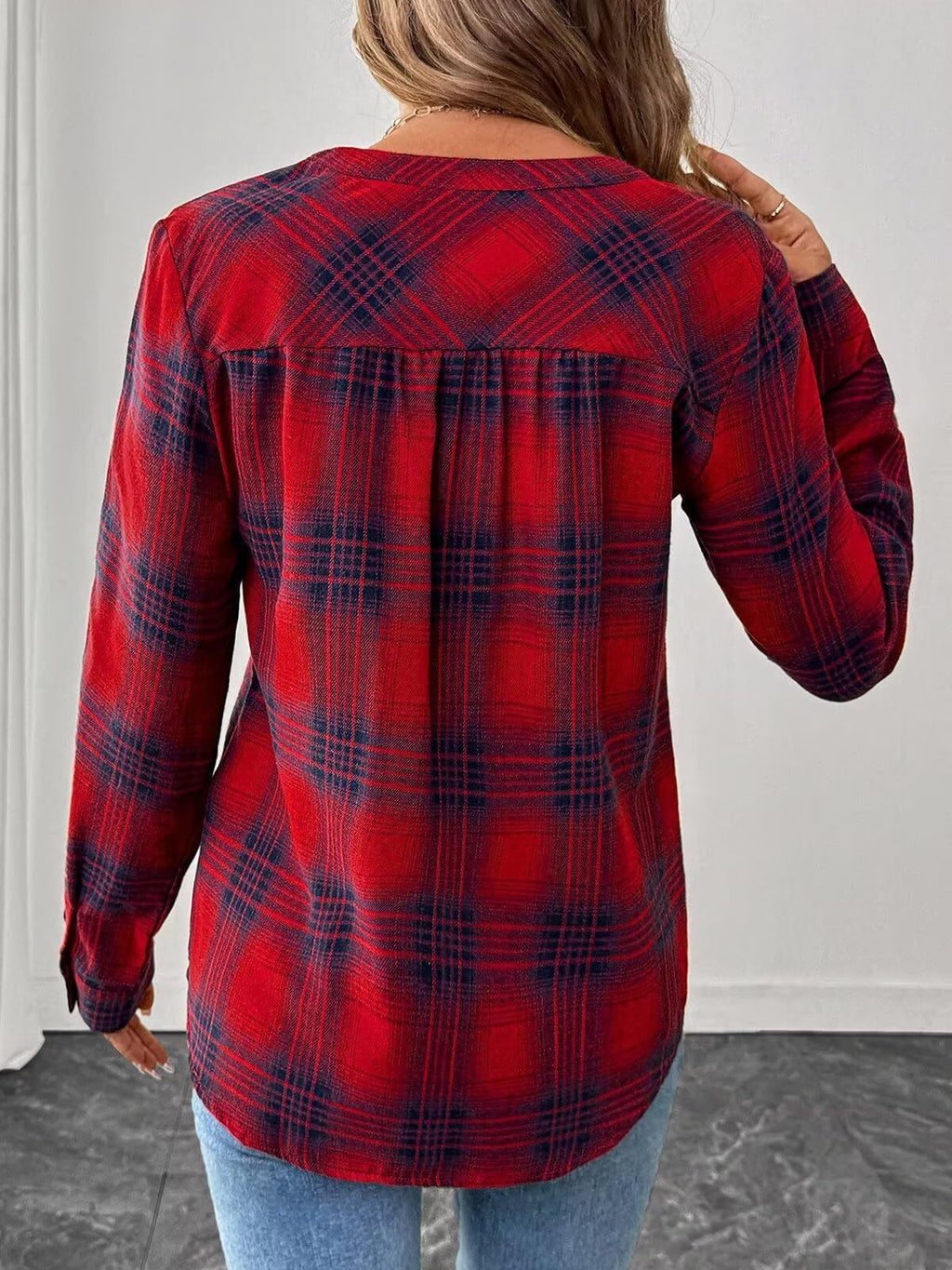 Women's Long Sleeve Shirt Spring/Fall Blue Plaid Split Joint V Neck Daily Going Out Casual Top