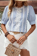 Striped Round Neck Puff Short Sleeve Lace Trim Summer Casual Top