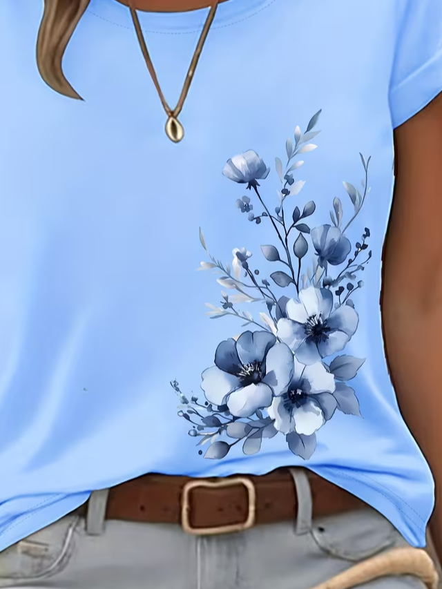 Women's Short Sleeve T-shirt Summer Blue Floral Printing Jersey Crew Neck Daily Going Out Casual Top