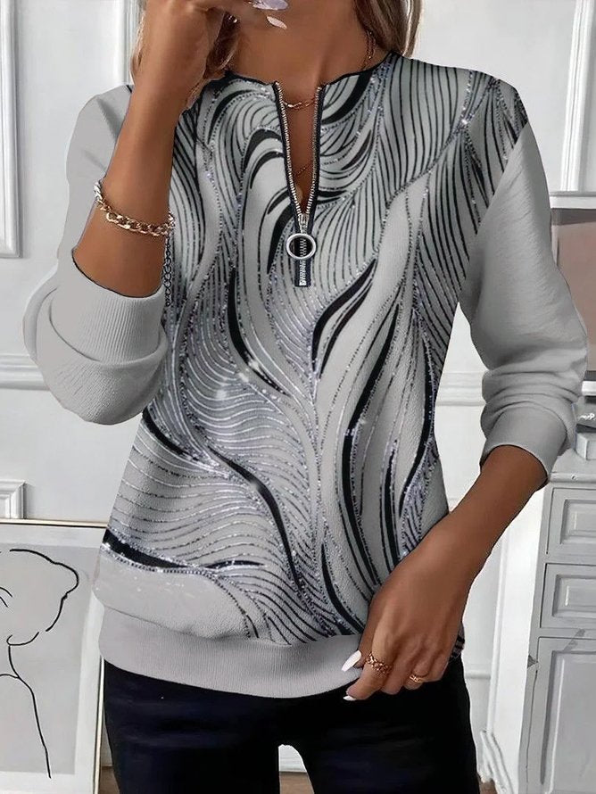 Women's Abstract Print Casual Zipper Long Sleeve Sweatshirt