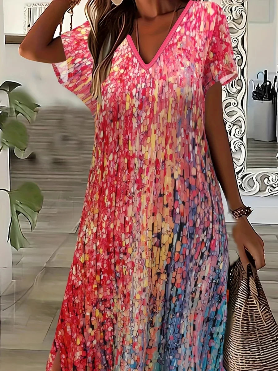 Women's Short Sleeve Summer As Picture Abstract Printing V Neck Daily Going Out Casual Maxi X-Line Dress